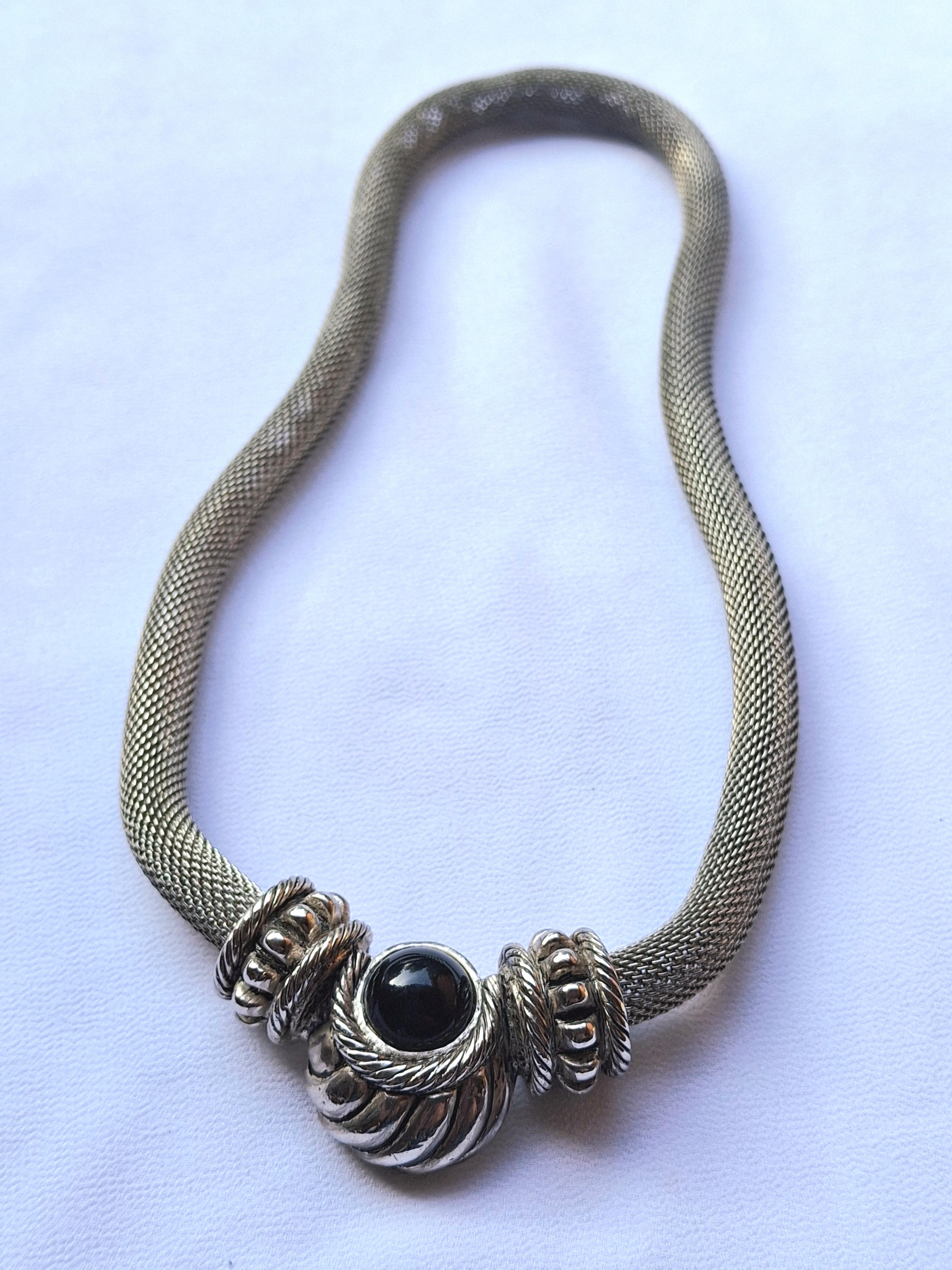 Image 2 for Vintage Silver Mesh Necklace with Black Onyx Accent