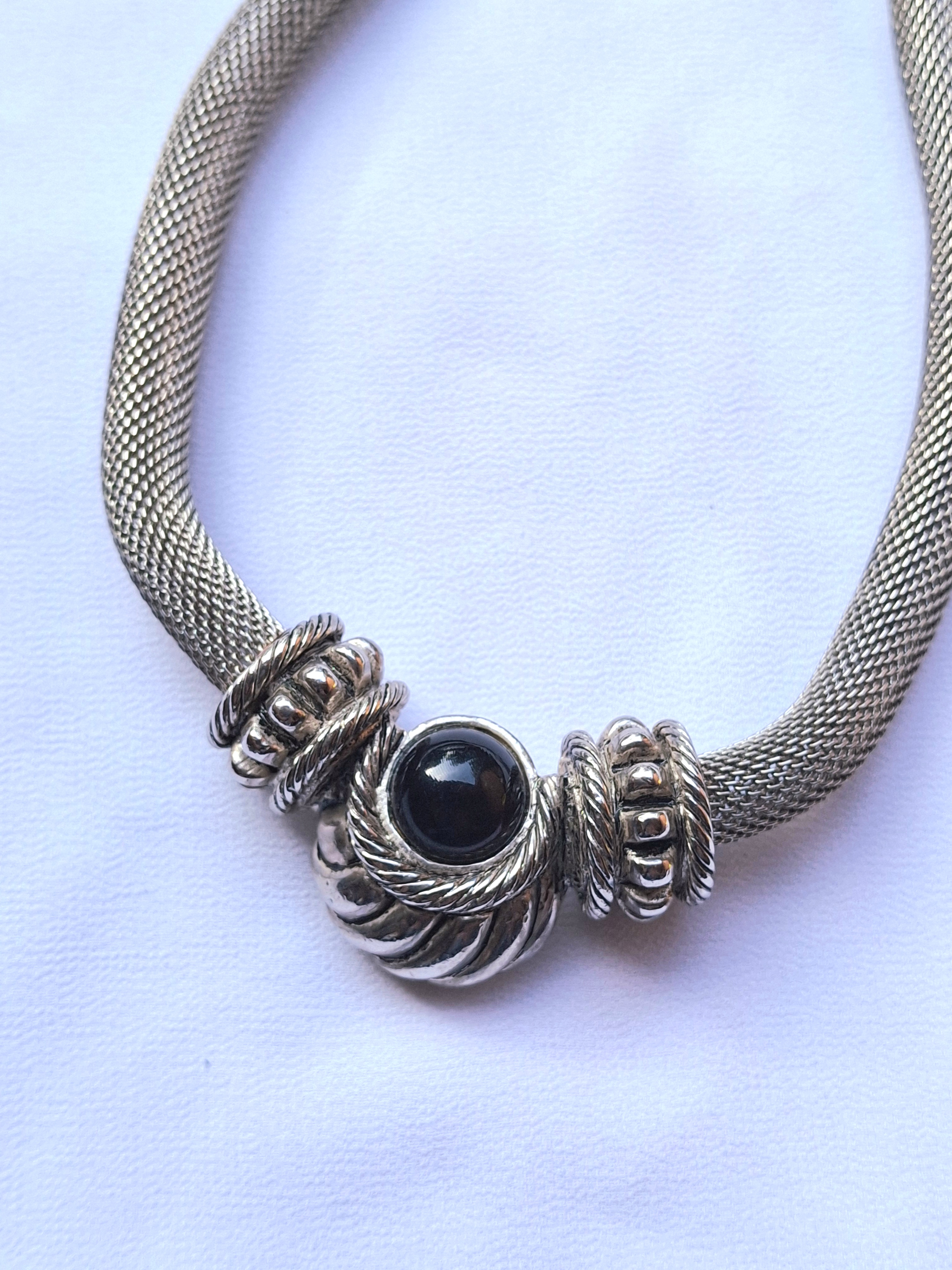 Image 3 for Vintage Silver Mesh Necklace with Black Onyx Accent
