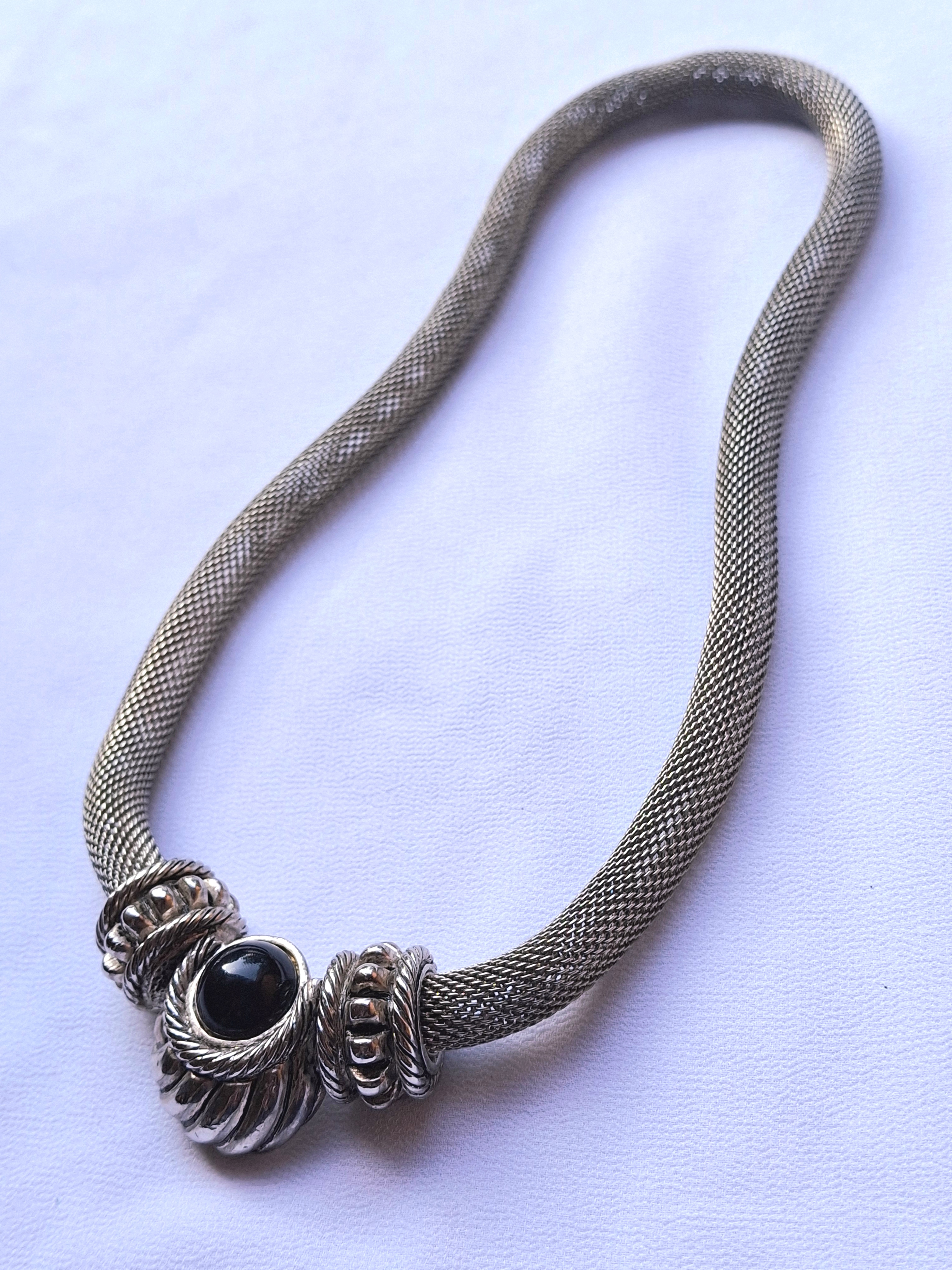 Image 4 for Vintage Silver Mesh Necklace with Black Onyx Accent
