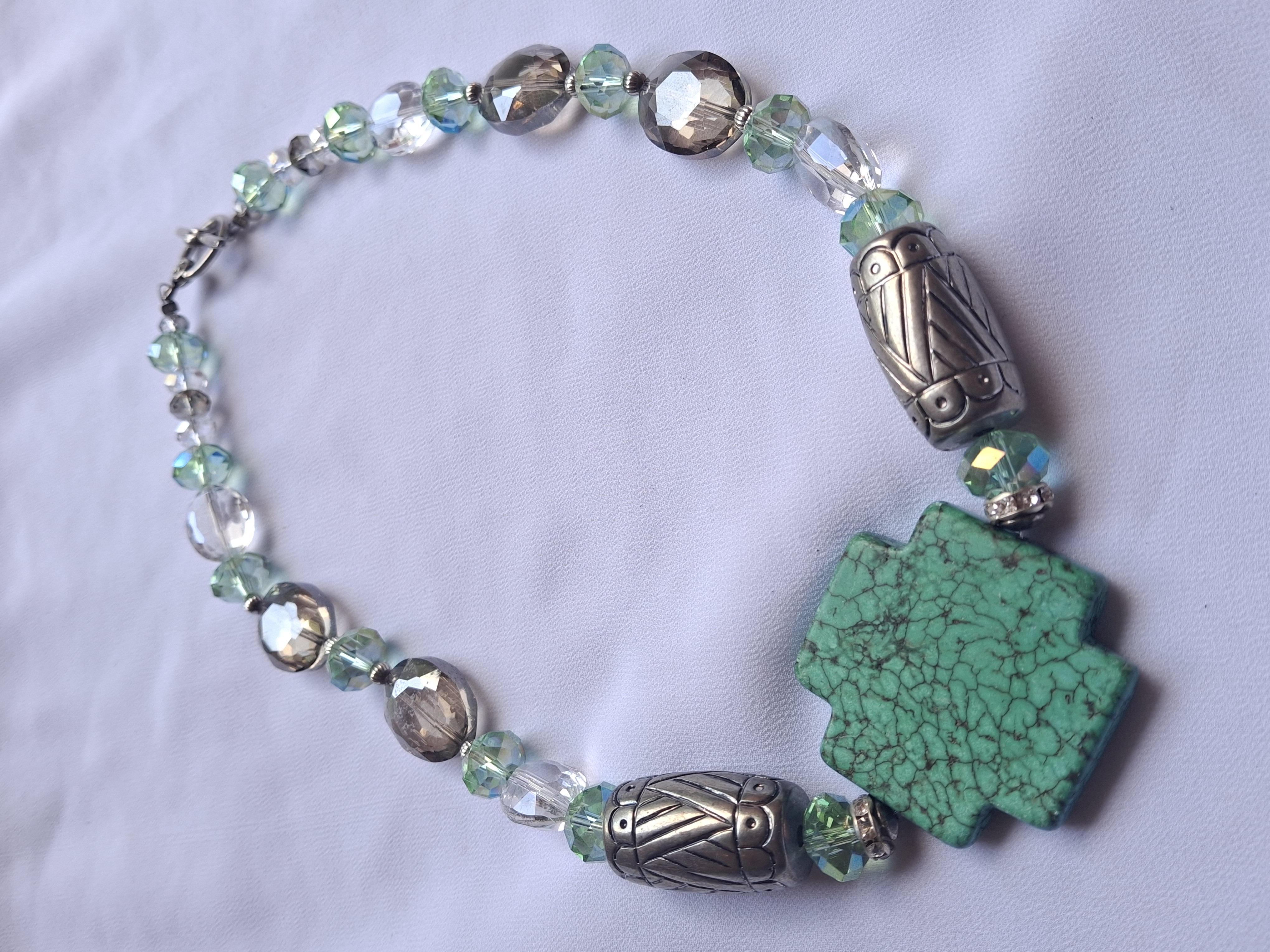 Vintage Turquoise & Crystal Beaded Cross Necklace