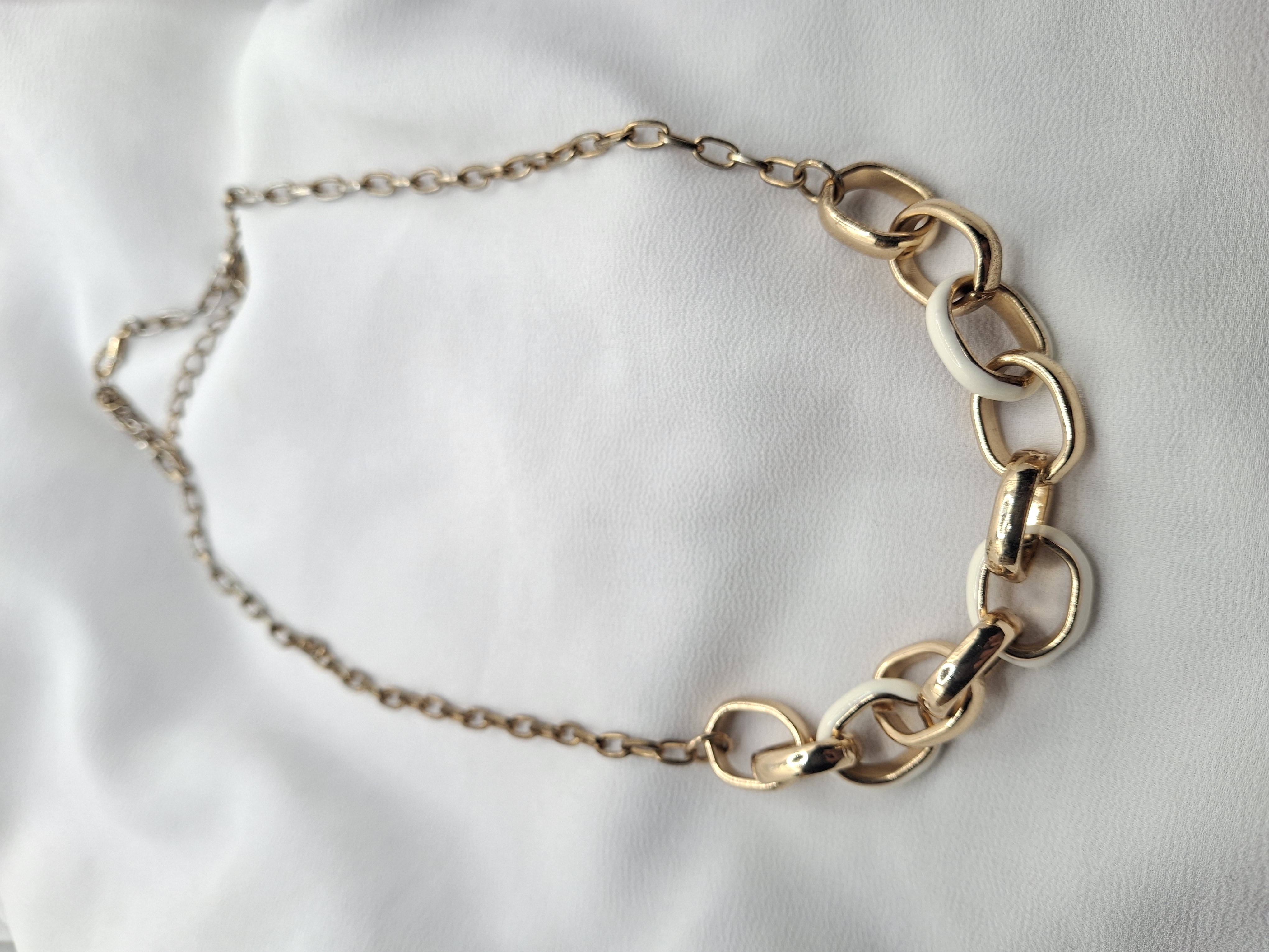 Vintage Gold Toned White Enamel Chunky Chain Link Statement Necklace