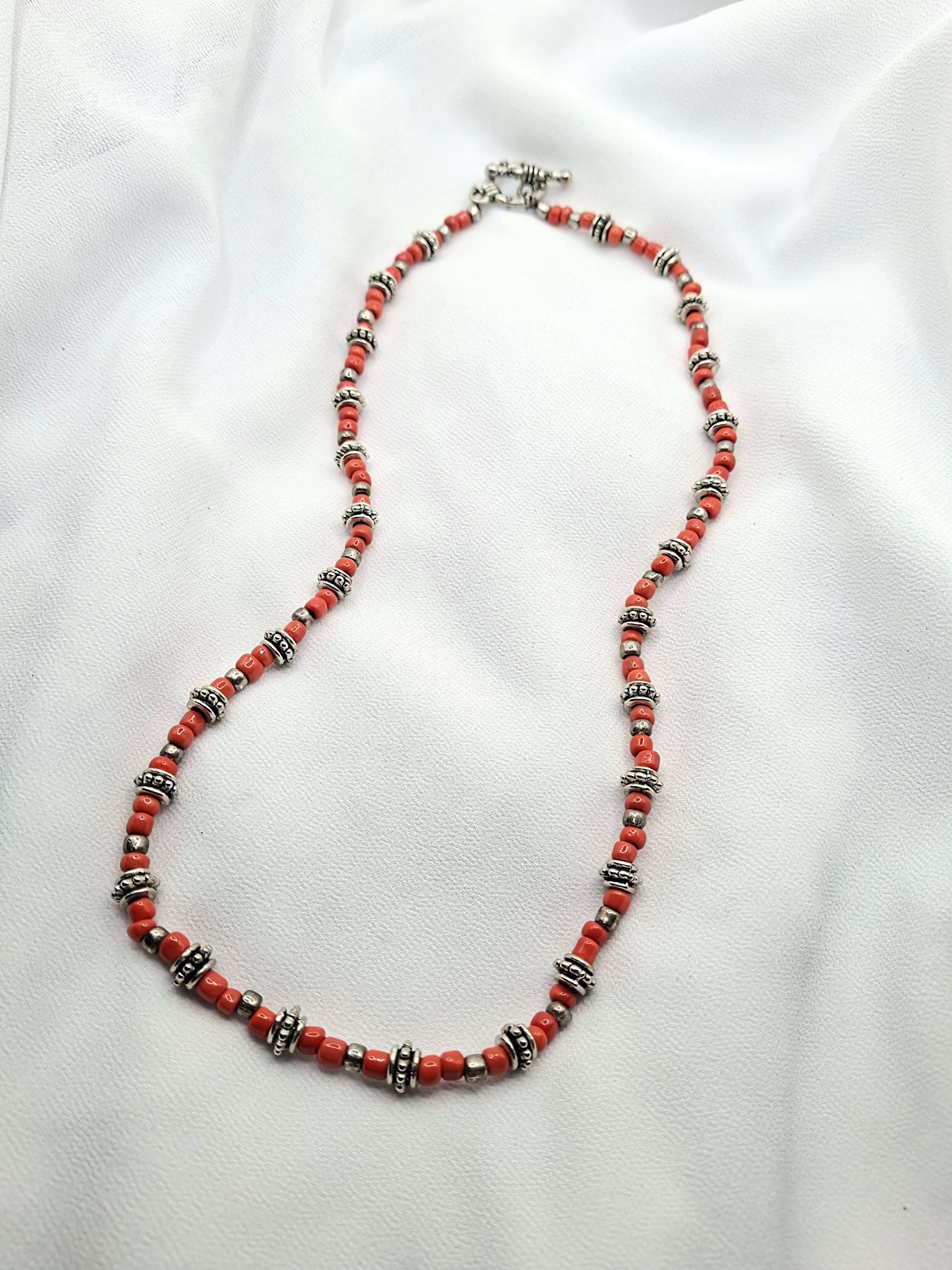 Vintage Coral & Silver Beaded Necklace
