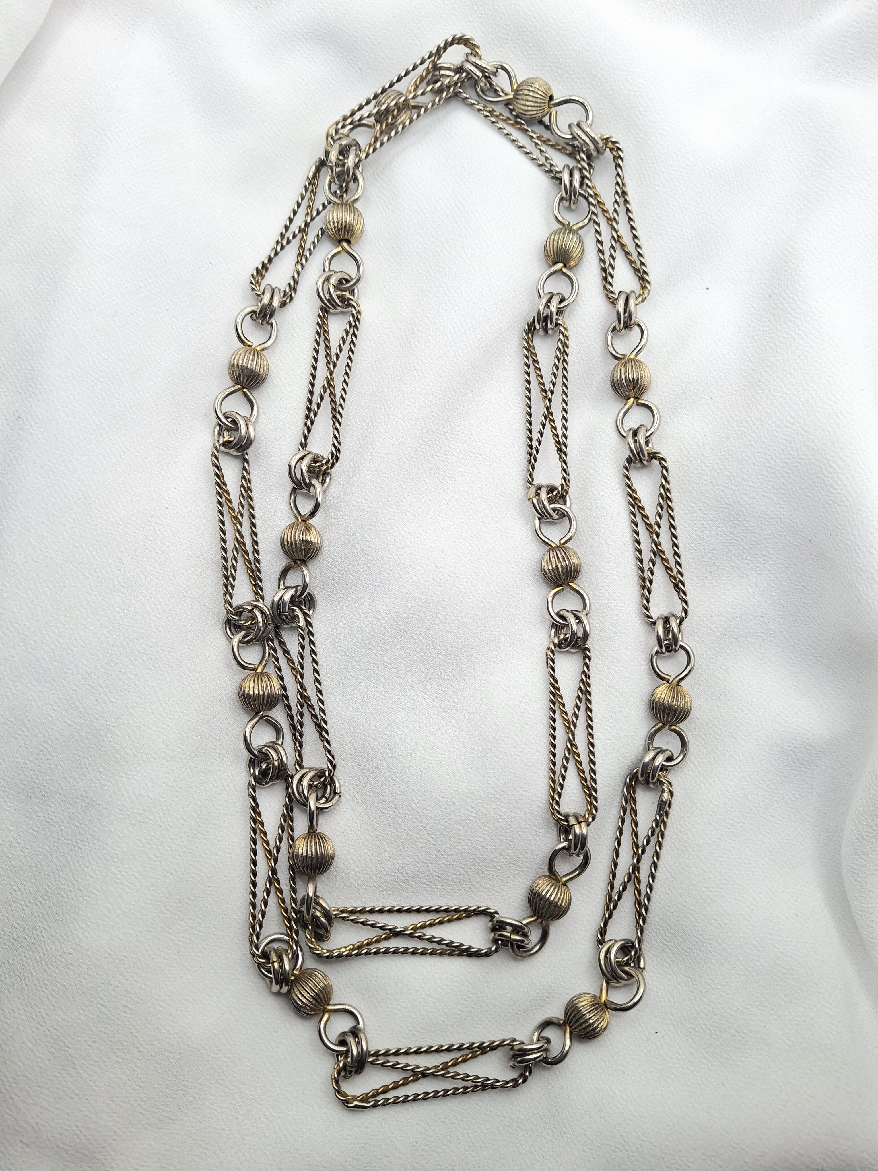 Image 4 for Unique Vintage Long Two-Tone Necklace with Metal Bead Accents