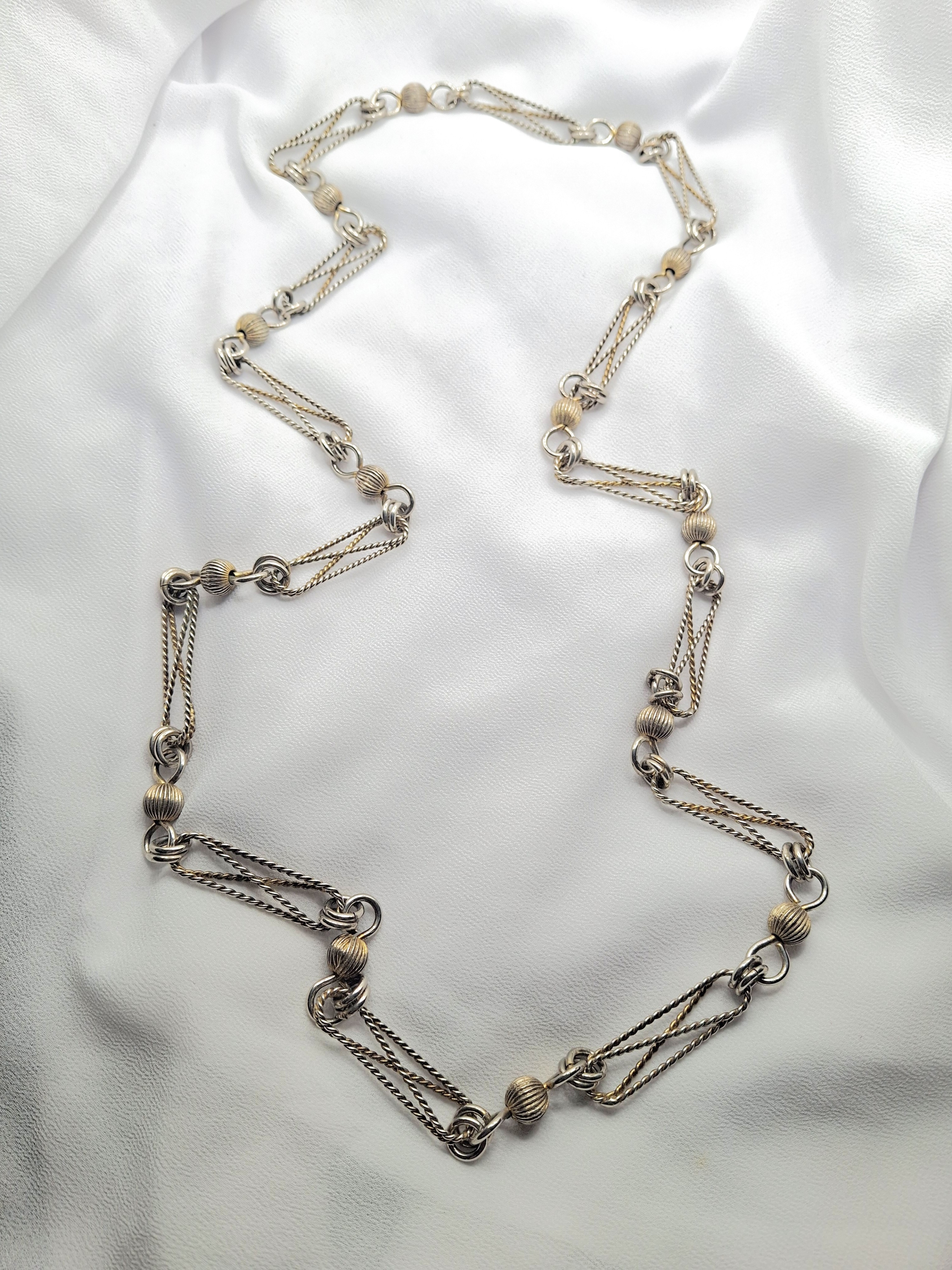 Unique Vintage Long Two-Tone Necklace with Metal Bead Accents